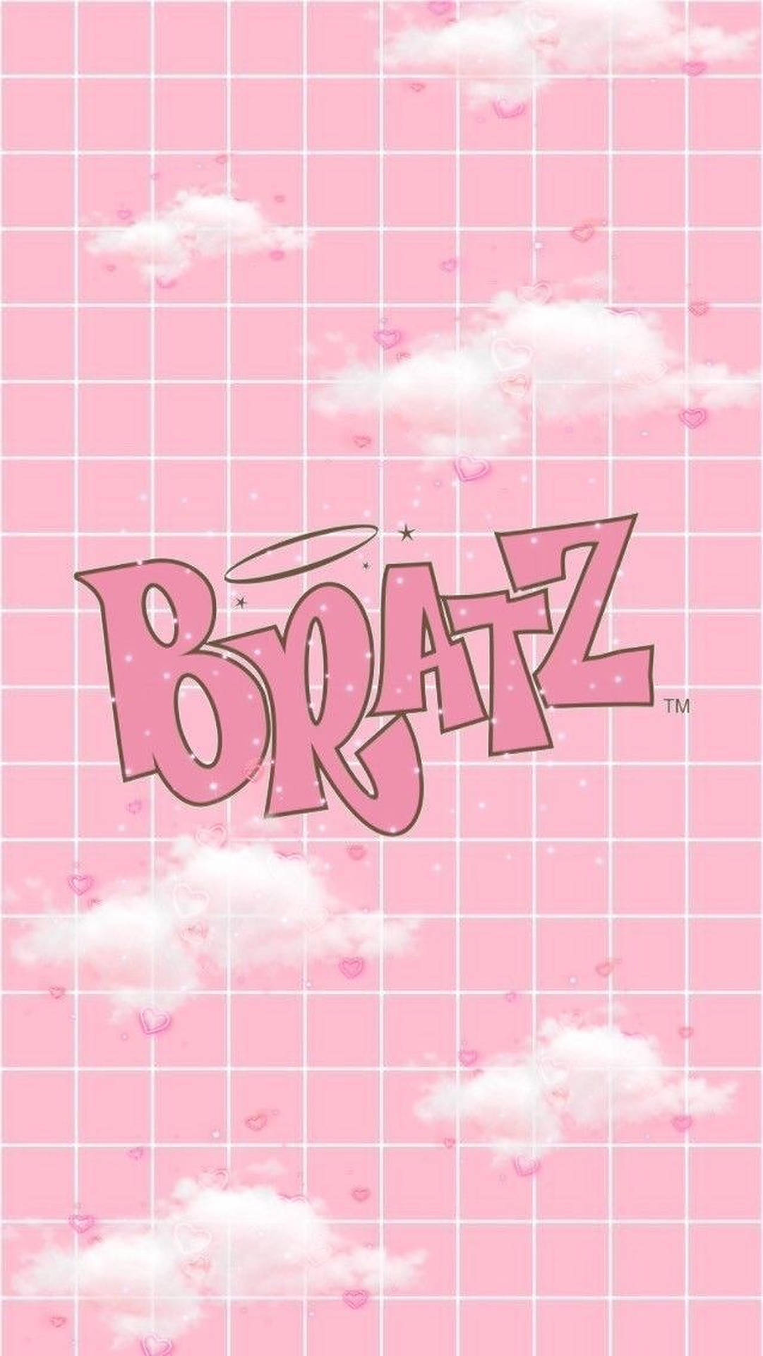 粉紅色網格牆紙，配有雲朵、心形圖案和 Bratz 標誌