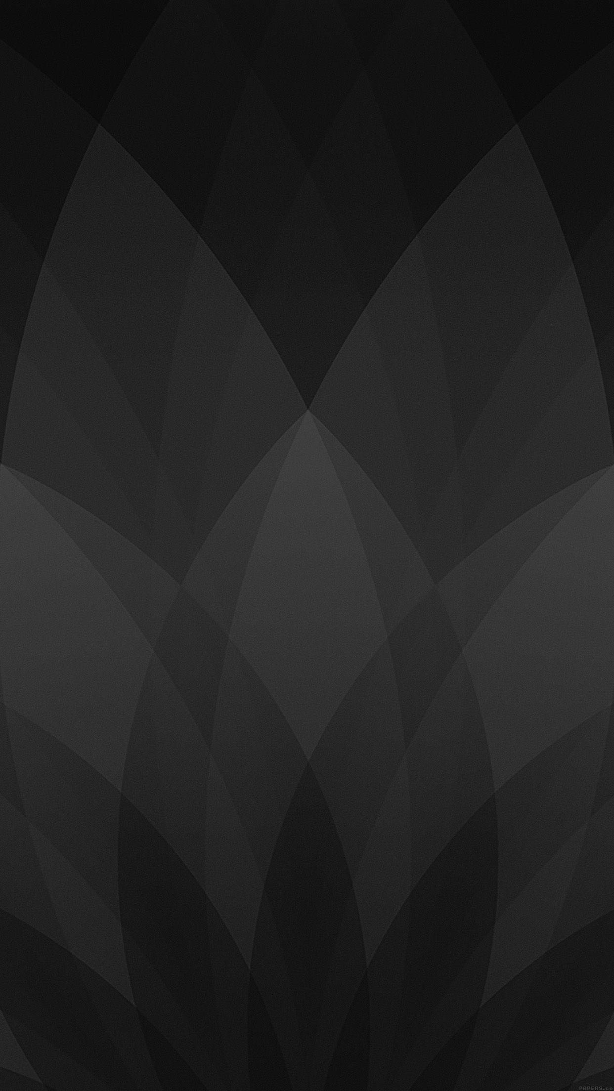 灰色iPhone花瓣紋理壁紙 壁紙 — 抽象幾何圖案，由深灰色層疊花瓣從中心點向黑色背景輻射而成。