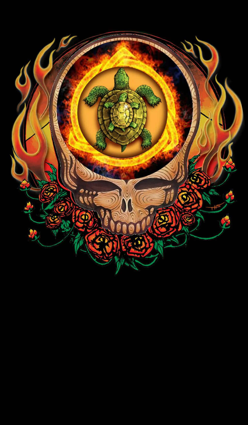 骷髏頭上載著小烏龜的感恩而死 iPhone 壁紙 — 一個燃燒的頭骨飾有紅玫瑰，在黑色背景上的一個火圈中懷抱一隻綠色烏龜。