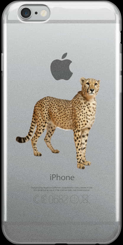 獵豹圖案 iPhone 保護殼設計 壁紙 — 一隻獵豹準備就緒，站立在銀色 iPhone 6s 的背面，Apple 標誌和文字清晰可見。