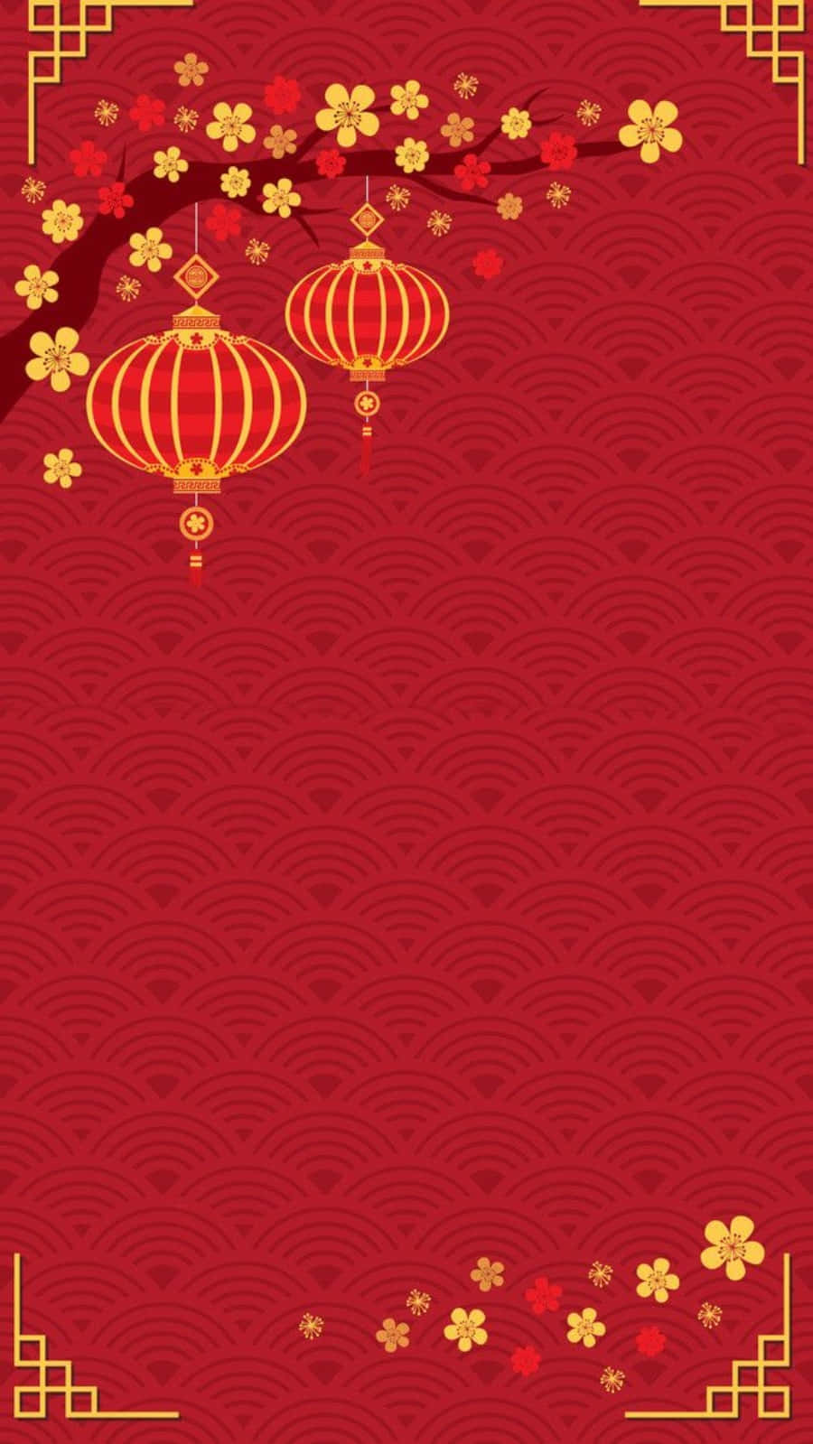 以最新iPhone迎接豬年 壁紙 — 鮮紅色牆紙，飾有金色中式燈籠和盛開的梅花枝，背景為波浪圖案。