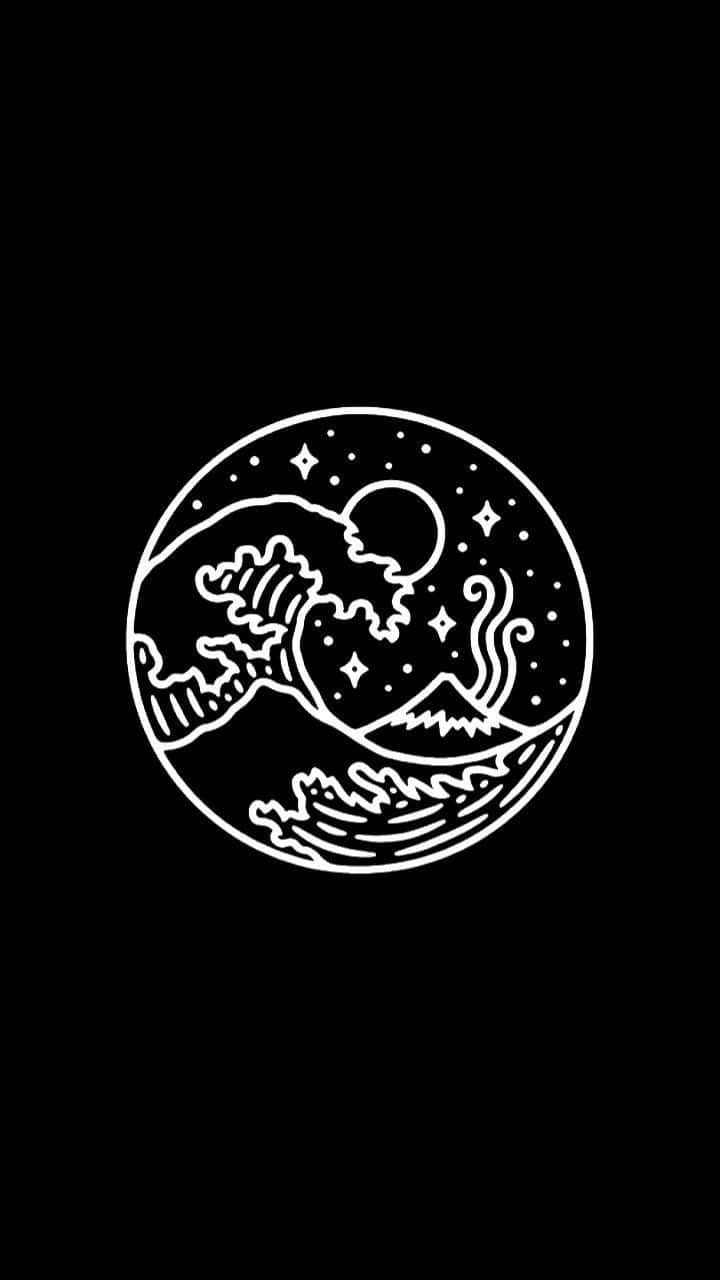 傷感美學黑白iPhone日本藝術 壁紙 — 黑色背景上，一個圓圈內有新月和星星，下方是簡約白色線條繪製的波浪衝擊山脈的圖案。