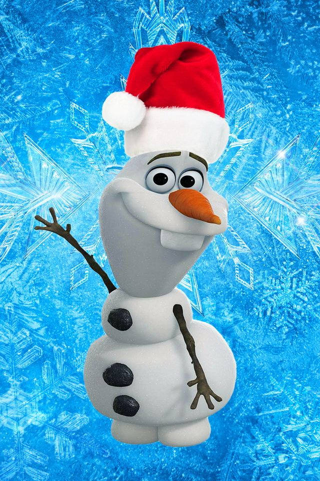 迪士尼聖誕iPhone冰雪奇緣奧拉夫 壁紙 — 一個戴著紅色聖誕帽的快樂雪人，在閃爍的藍色霜凍背景前微笑。