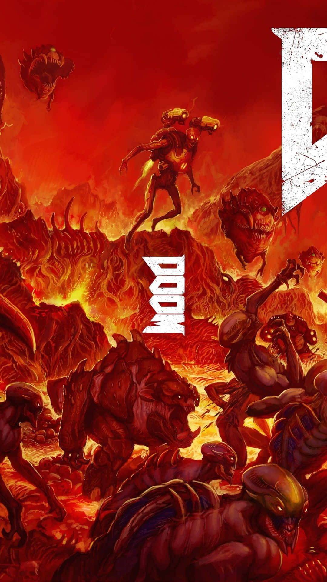 在 iPhone 上開啟《Doom》的煉獄之門 壁紙 — 一名戰士跳過充滿岩漿的地獄景觀，惡魔生物在火紅的混亂中蜂擁而至。
