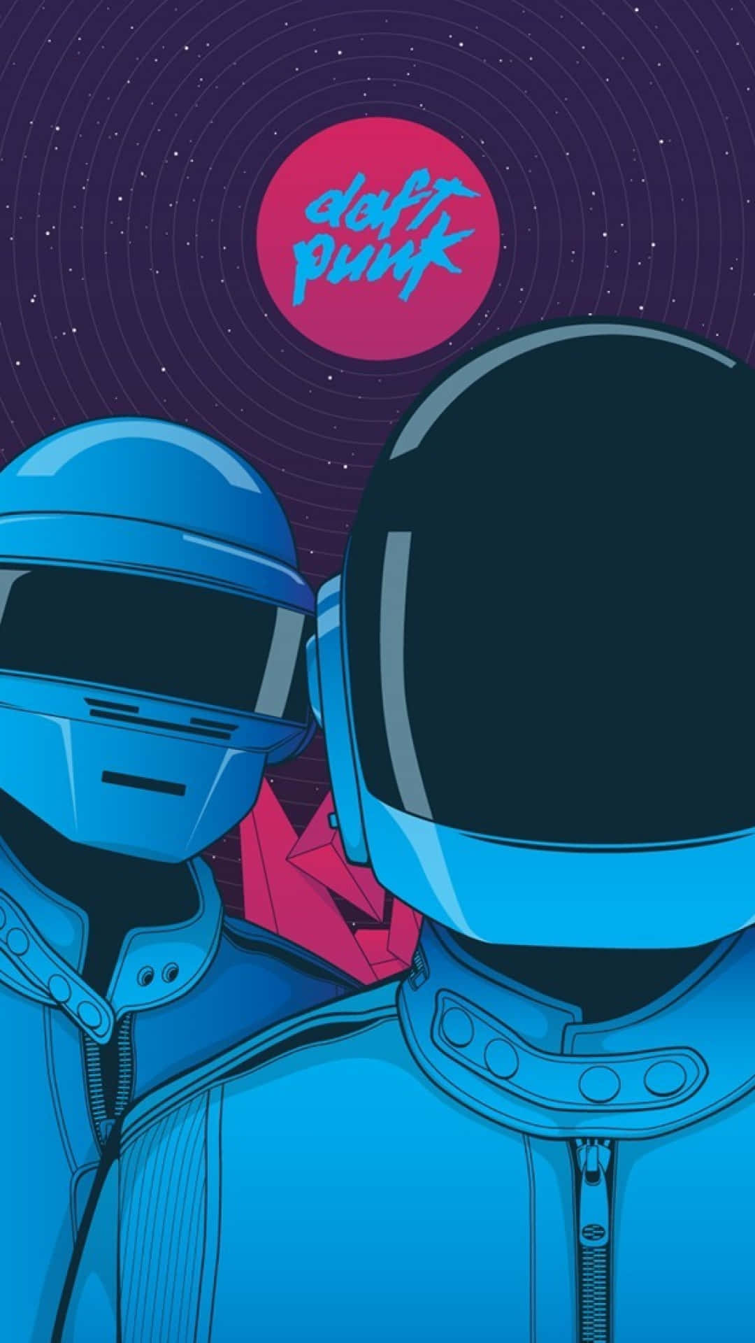 誰說 iPhone 不能時尚現代？ 壁紙 — 兩個標誌性的 Daft Punk 頭盔面向一個宇宙粉紅月亮，背景是帶有同心環的星空紫色天空。