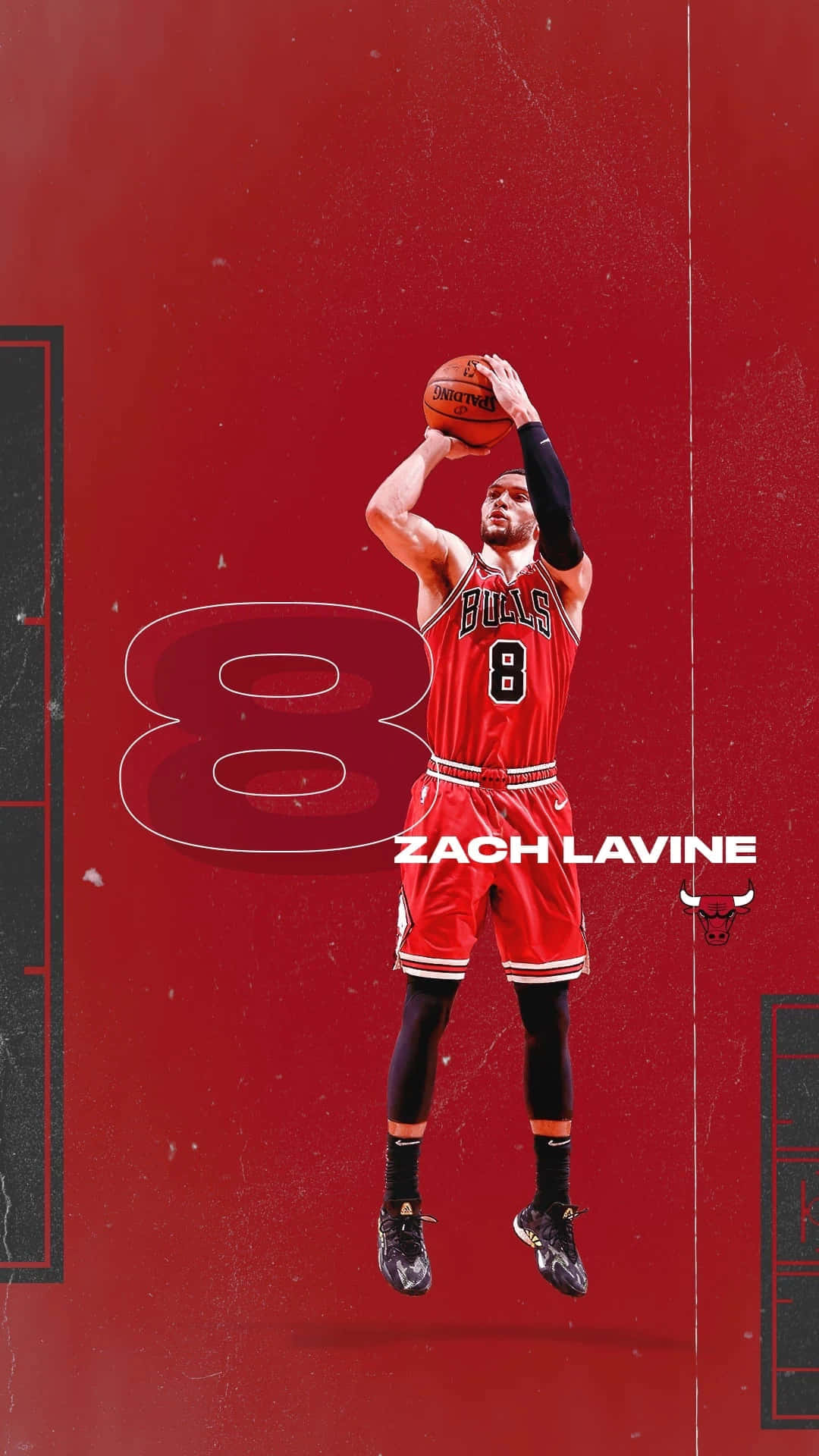 將芝加哥公牛隊的熱情隨身攜帶，體驗最新 iPhone！ 壁紙 — Zach LaVine 身穿紅色公牛隊8號球衣，在空中跳起，手持籃球，背景為帶有紋理的紅色背景，上面有巨大的數字8和球隊標誌。