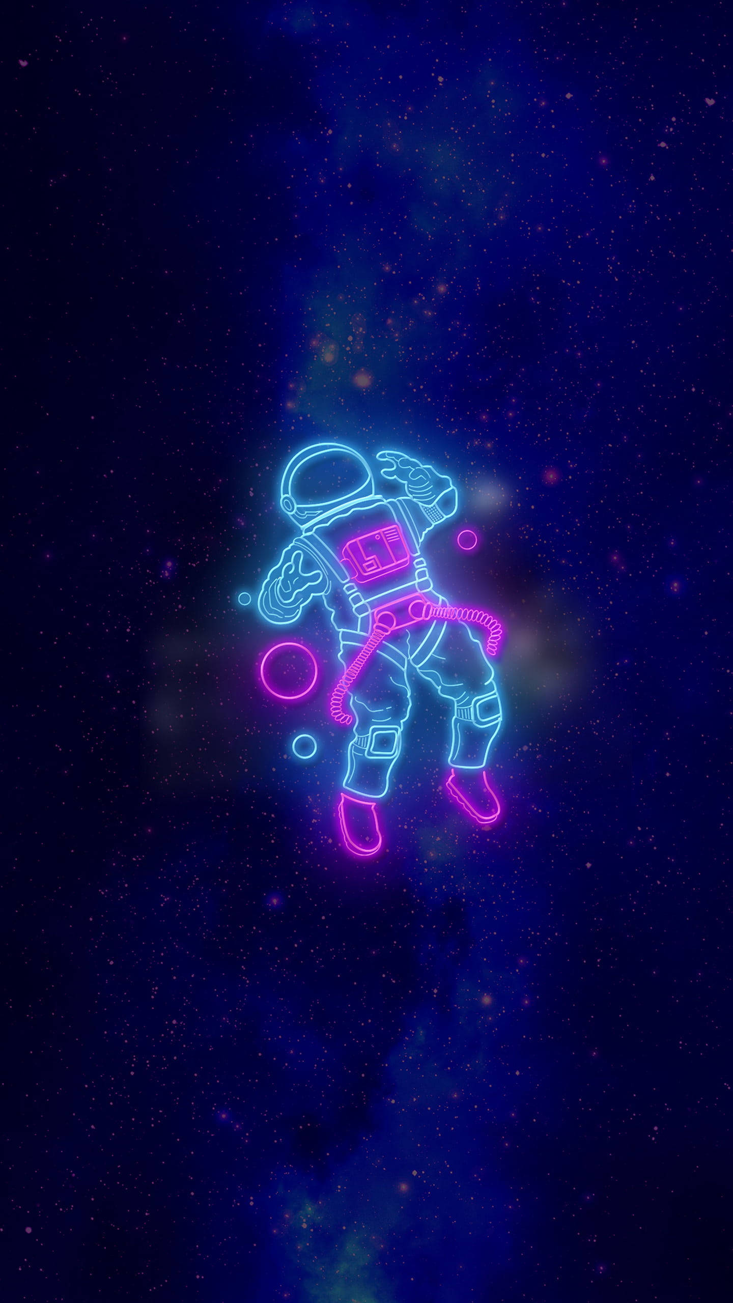 太空宇航員霓虹風格iPhone背景 壁紙 — 一個發光的霓虹太空人在佈滿星星的宇宙虛空中漂浮，帶有鮮豔的藍色和粉紅色輪廓，背景是深邃的太空。