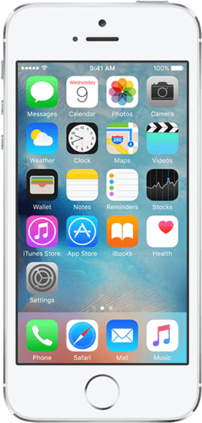 白色iPhone正面顯示畫面 壁紙 — 一部白色iPhone在藍色紋理牆紙上顯示色彩繽紛的應用程式圖標網格，並帶有時間和電池指示器。