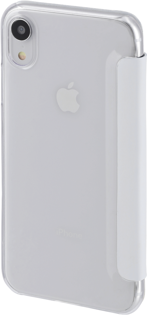 白色 iPhone 配透明殼 壁紙 — 一個透明白色iPhone XR保護殼，附有垂直手柄，展示在純色背景上。