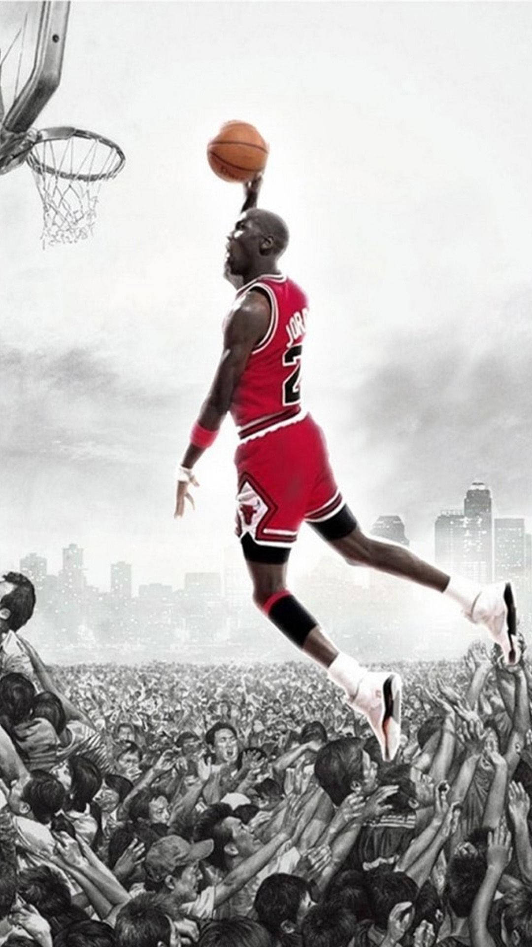 美國職業籃球選手邁克爾·喬丹對抗觀眾運動iPhone壁紙 壁紙 — 米高佐敦身穿紅色球衣，在城市天際線背景下，在球迷海洋之上完成其標誌性入樽。