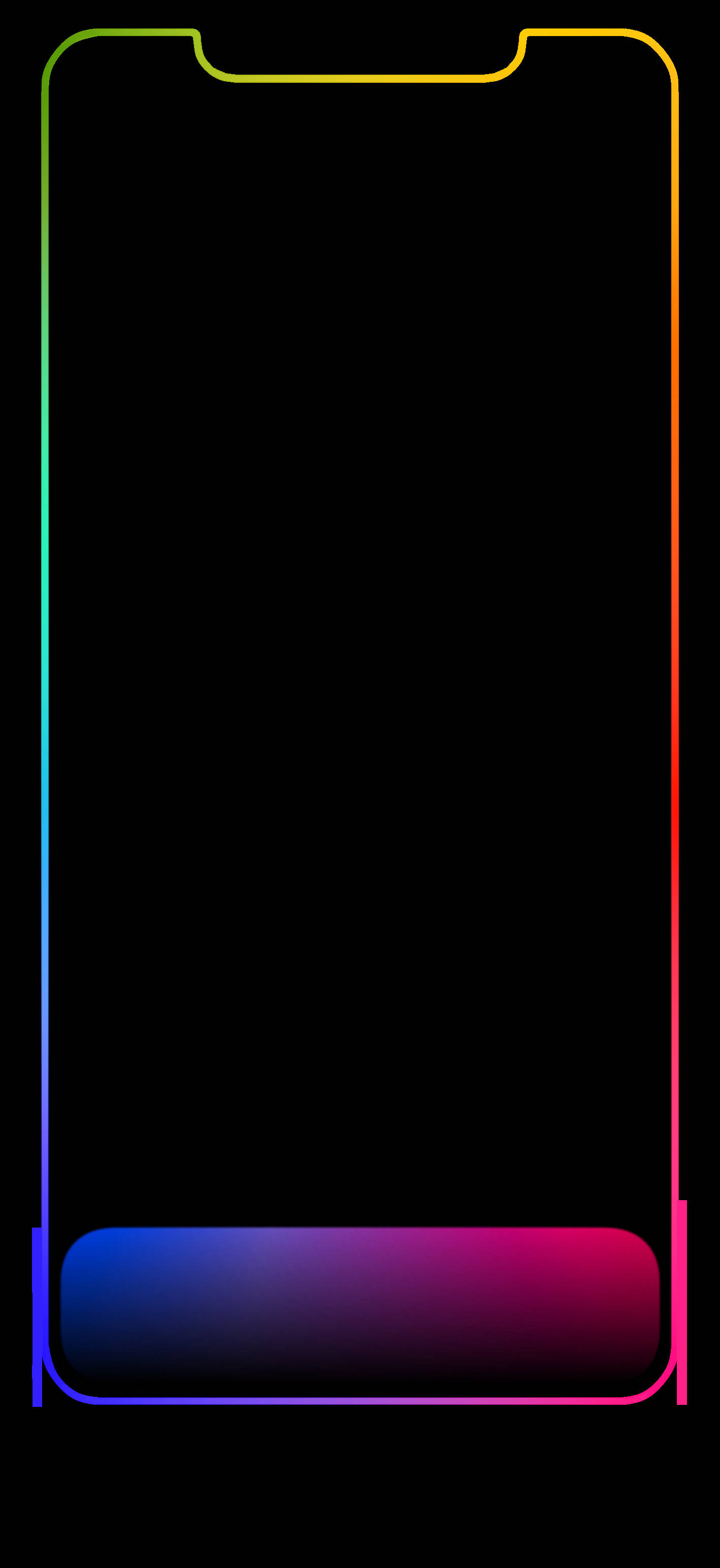 漸層色iPhone螢幕輪廓 壁紙 — 一個智能手機輪廓，在黑色背景上發出鮮豔的彩虹漸變光芒。