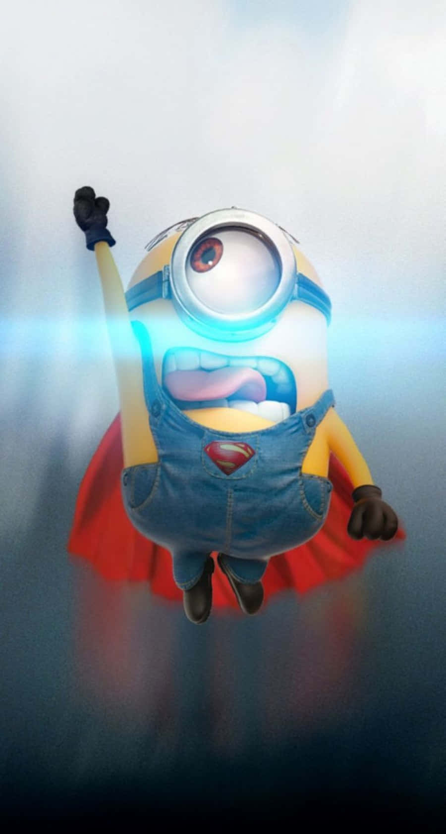 穿超人服裝飛行的小黃人 iPhone 壁紙 — 一個穿著超人服裝的Minion，在明亮的發光天空中舉起一隻手臂向上飛翔。