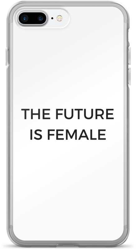 白色iPhone搭配「未來是女性」手機殼 壁紙 — 一個白色手機殼，背面中央印有粗體黑色文字「THE FUTURE IS FEMALE」。