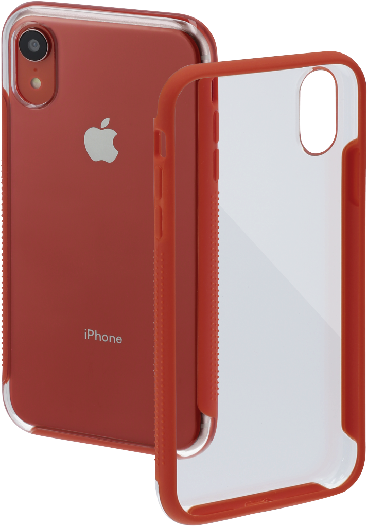 紅色iPhone搭配透明殼 壁紙 — 紅色透明iPhone XR保護殼，從背面和正面展示，背景為黑色。