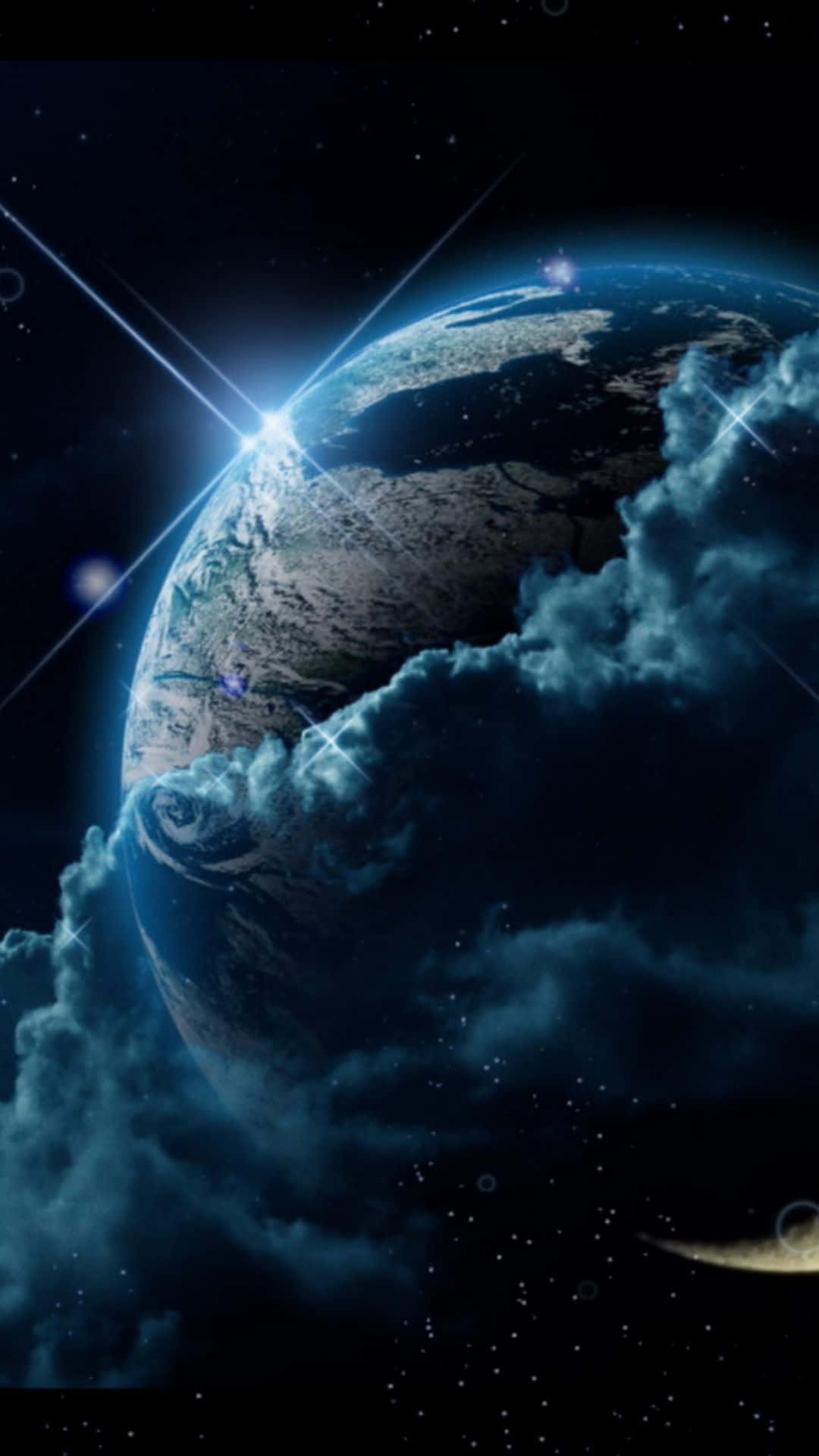 雲層環繞的 iPhone 地球 壁紙 — 從太空俯瞰地球的壯麗景色，發光的雲層和星光穿透大氣層。