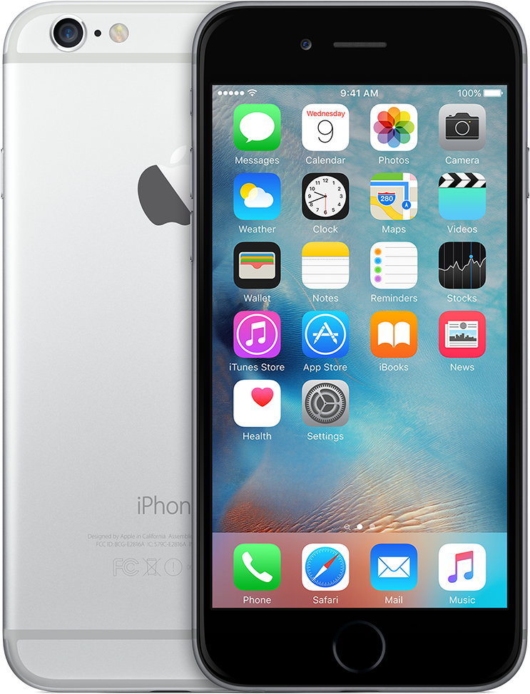 銀色iPhone正面與背面 壁紙 — 銀色 iPhone 6s 正面和背面展示，iOS 主畫面顯示應用程式圖示和藍色紋理壁紙。