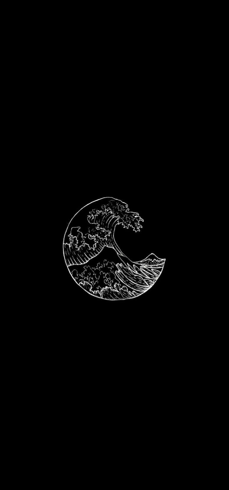 簡約黑白風格 iPhone《神奈川沖浪裏》 壁紙 — 一幅極簡風格的白色線條畫，描繪神奈川沖浪裏，在純黑背景上形成新月形狀。