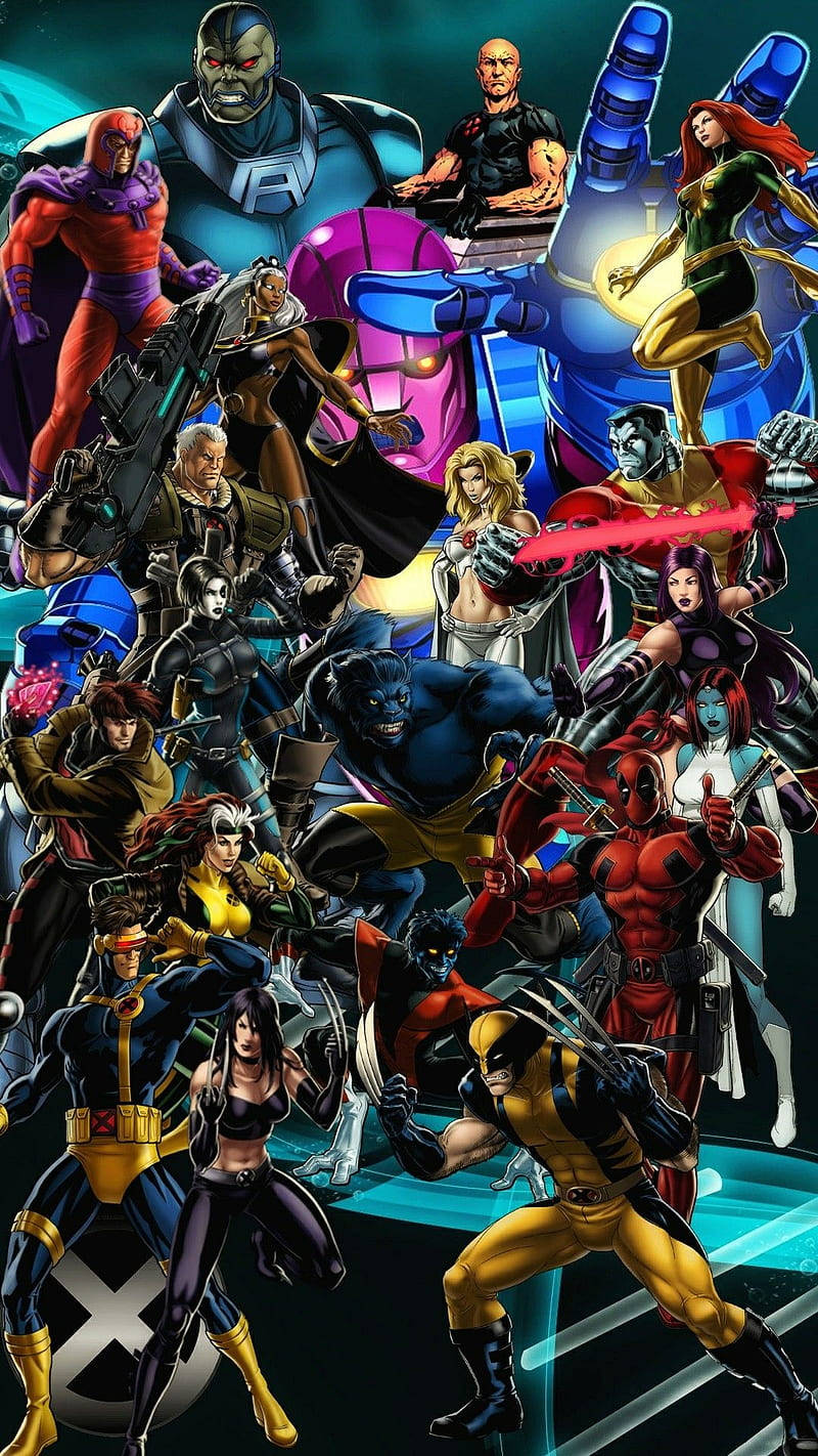 變種人超級英雄 iPhone 壁紙 — 動感漫畫插圖，X-Men 變種人穿著大膽服裝，在發光的未來背景前英勇擺姿勢。