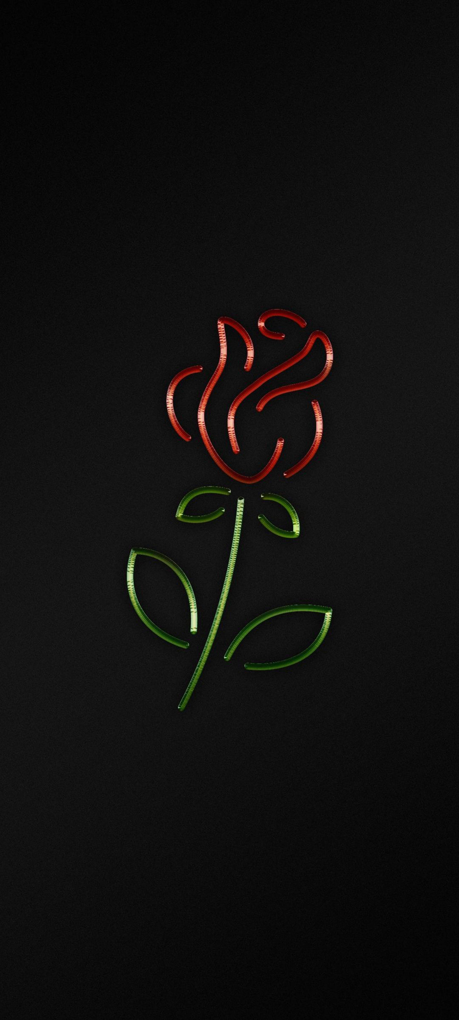 黑色 iPhone 玫瑰 壁紙 — 一朵發光的紅玫瑰，帶有綠色莖和葉子，以霓虹燈線在黑色背景上呈現。