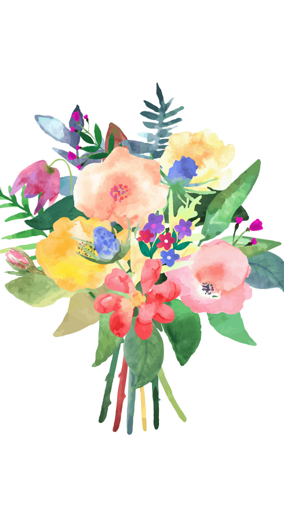 花束花卉iPhone壁紙 壁紙 — 一束充滿活力的水彩花束，包含各種花卉和綠植，柔和粉彩調，襯以潔白背景。