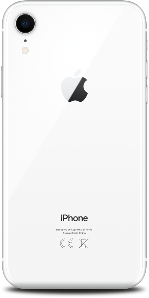 白色iPhone背面視角 壁紙 — 純白色 iPhone XR 背面，帶有光面處理，顯示 Apple 標誌、相機和文字細節。