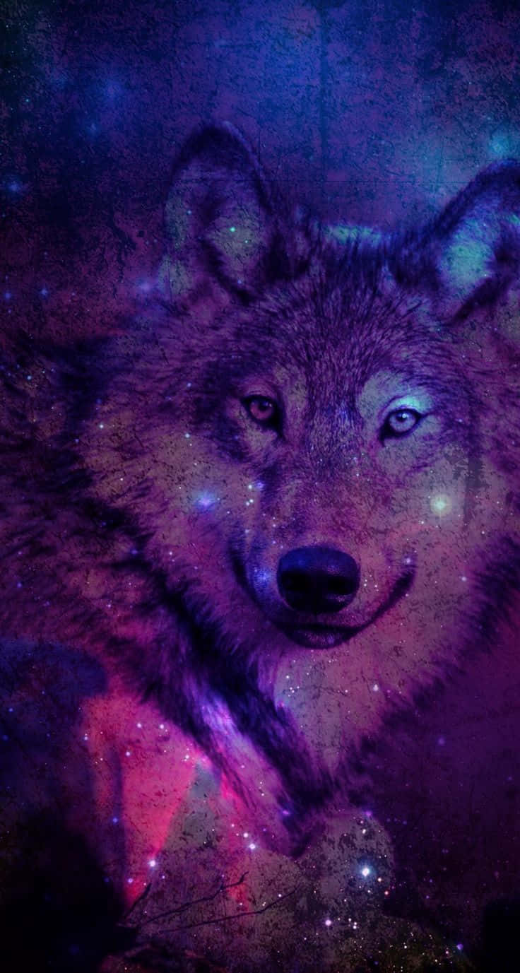夜空狼影 iPhone 壁紙 — 一隻雄偉的狼臉從由紫色、粉紅色和藍色星星組成的宇宙星雲中浮現。