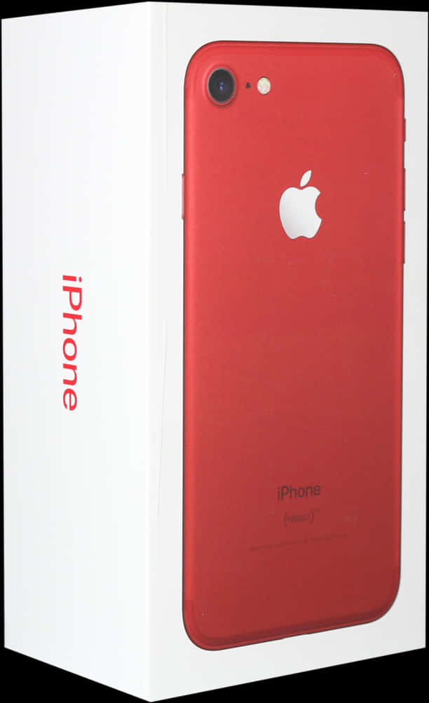 紅色iPhone與包裝盒 壁紙 — 一部鮮紅色的iPhone 7靠在其白色包裝盒上，展示標誌性的Apple標誌和相機。