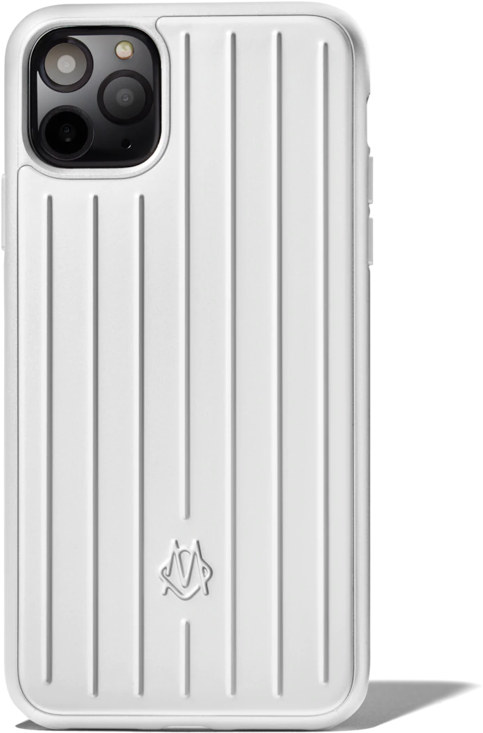 白色iPhone配保護殼 壁紙 — 白色紋理手機殼，帶有垂直條紋，相機開孔下方中央有一個低調的標誌。