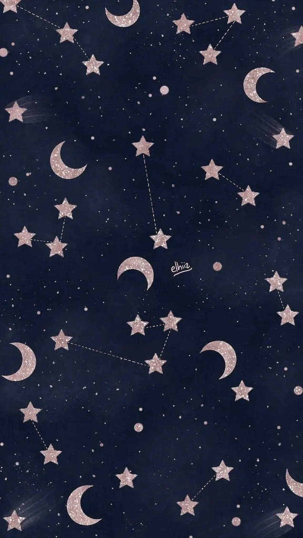 iPhone美學月亮與星星 壁紙 — 一個閃閃發光的海軍藍夜空，佈滿粉紅色星星和彎月，由虛線連接形成星座。