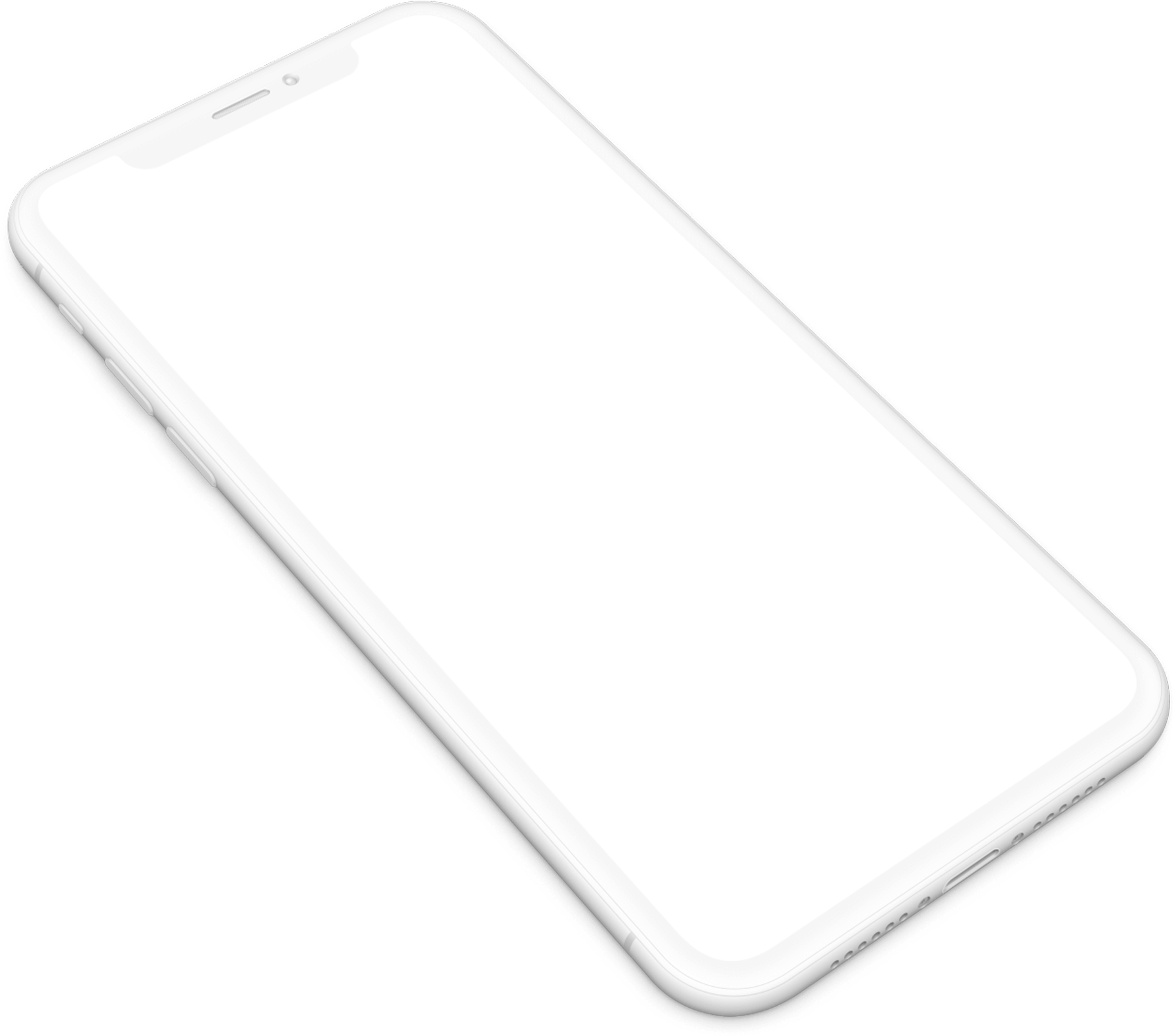 白色 iPhone 角度視圖 壁紙 — 一部時尚的白色智能手機，黑色屏幕傾斜放在純黑色背景上。