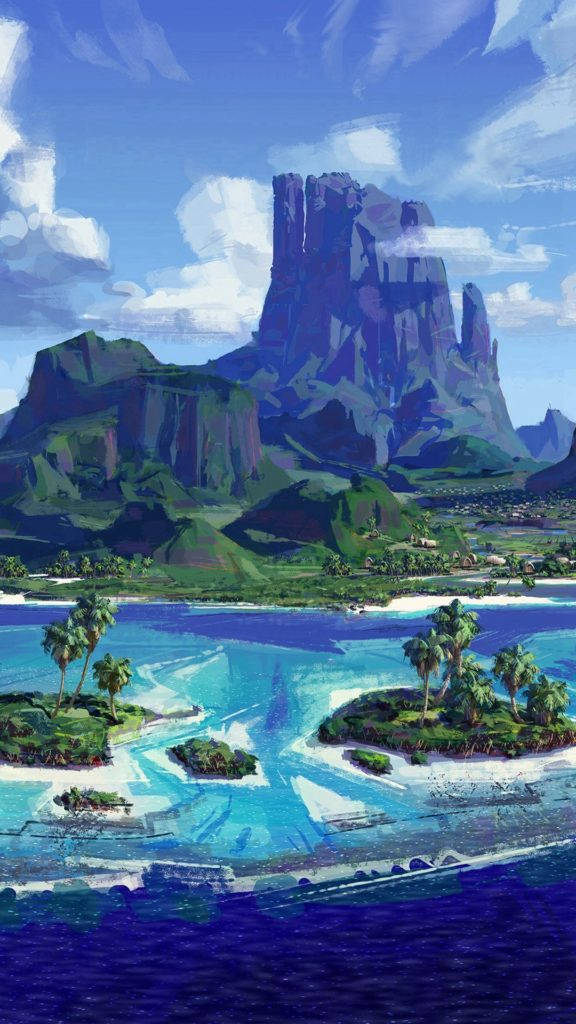 海島藝術 iPhone 壁紙 — 一幅充滿活力的數位繪畫，描繪了熱帶島嶼天堂，有碧綠的海水、棕櫚樹和聳立的綠色山脈，在明亮的藍天下。