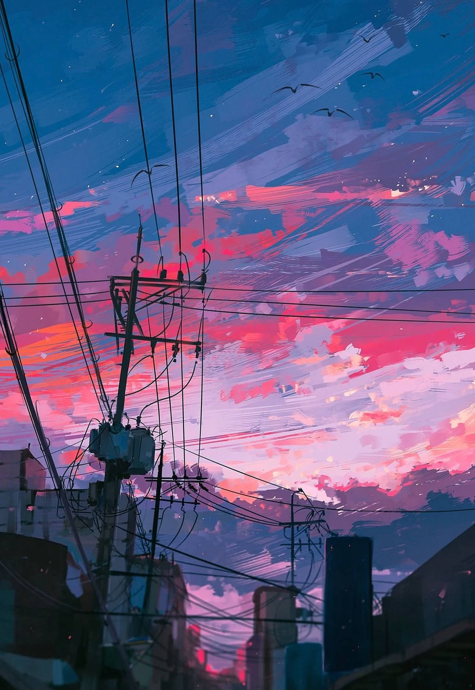 iPhone粉紅日落美學 壁紙 — 一幅充滿活力的數位繪畫，描繪黃昏時分的城市天際線，天空呈現粉紅色和藍色，電線形成剪影，鳥兒飛翔。