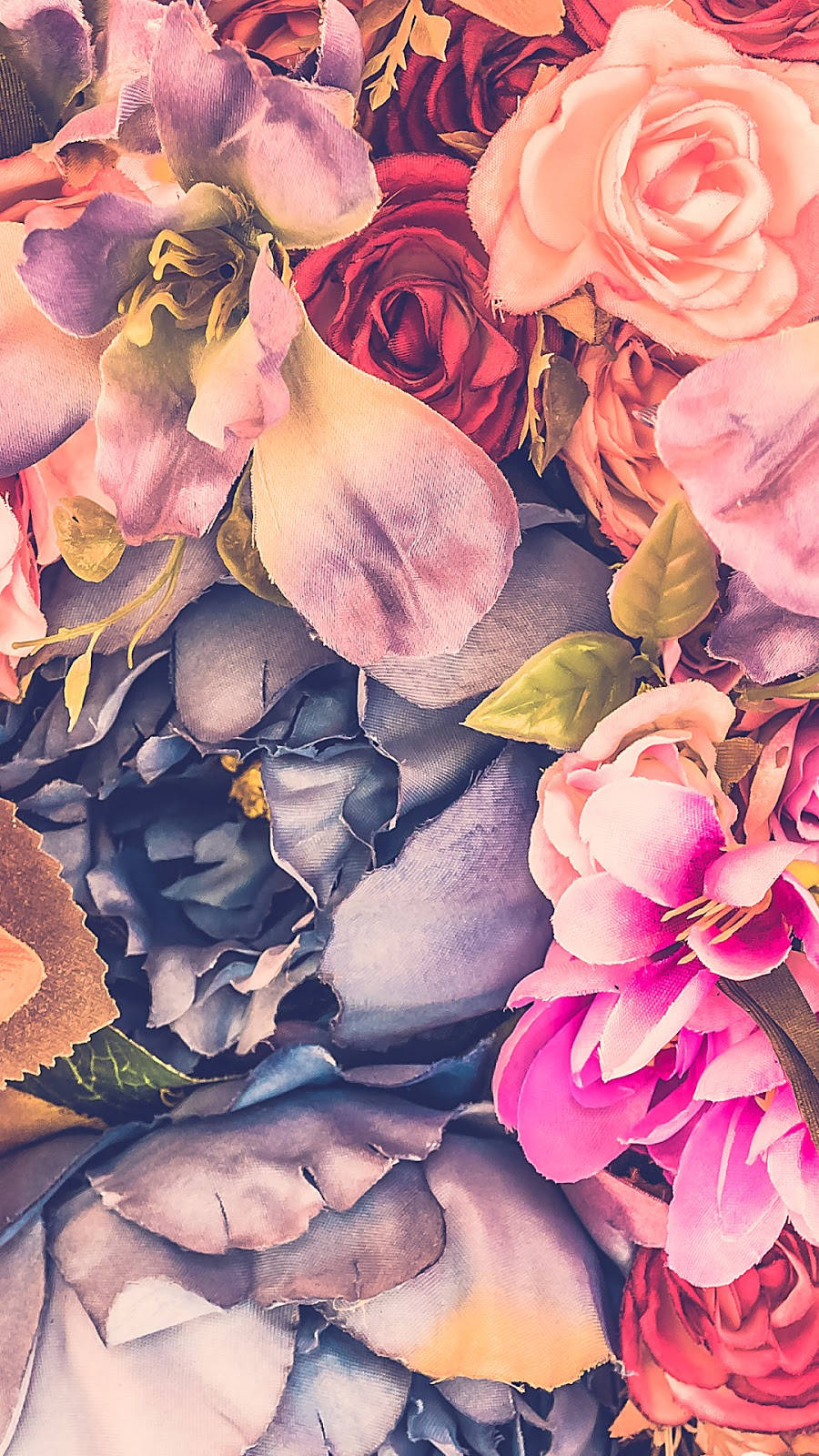 多彩花卉 iPhone 壁紙 — 充滿活力的粉紅蜜桃色和深紅色玫瑰與柔和的紫色和灰色花瓣及綠葉交織在一起的茂密特寫。