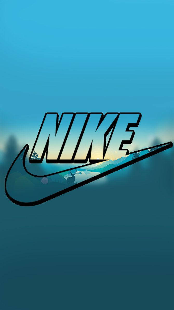 藍色日出耐克 iPhone 背景 壁紙 — Nike 標誌，Swoosh 內有山峰剪影，背景為漸變藍天。