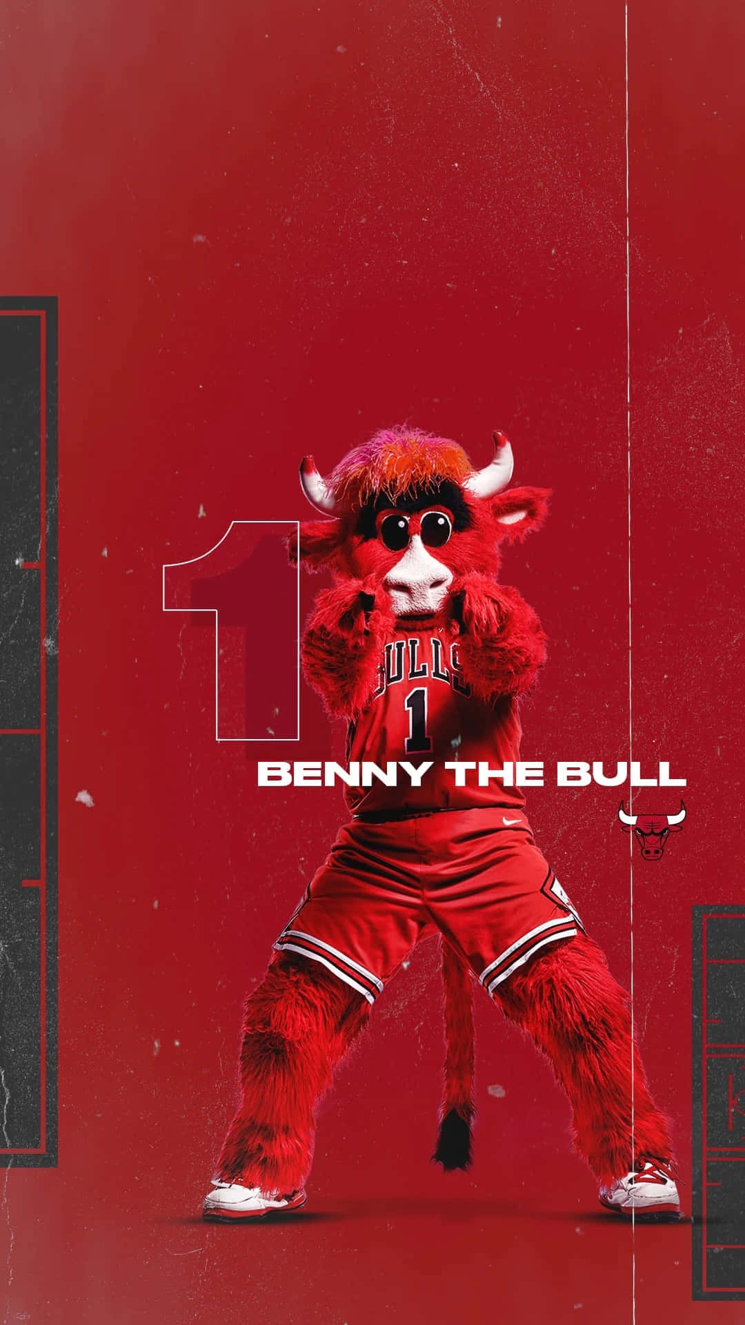以芝加哥公牛隊 iPhone 壁紙展現您的忠誠 壁紙 — Benny the Bull 吉祥物身穿紅色芝加哥公牛隊制服，在帶有紋理的紅色背景上自信地擺出姿勢，背景上有一個巨大的數字一圖案。