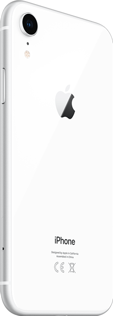 白色iPhone背面視角 壁紙 — 純白色 iPhone XR 背面視圖，在乾淨的黑色背景上顯示 Apple 標誌、相機閃光燈和文字細節。