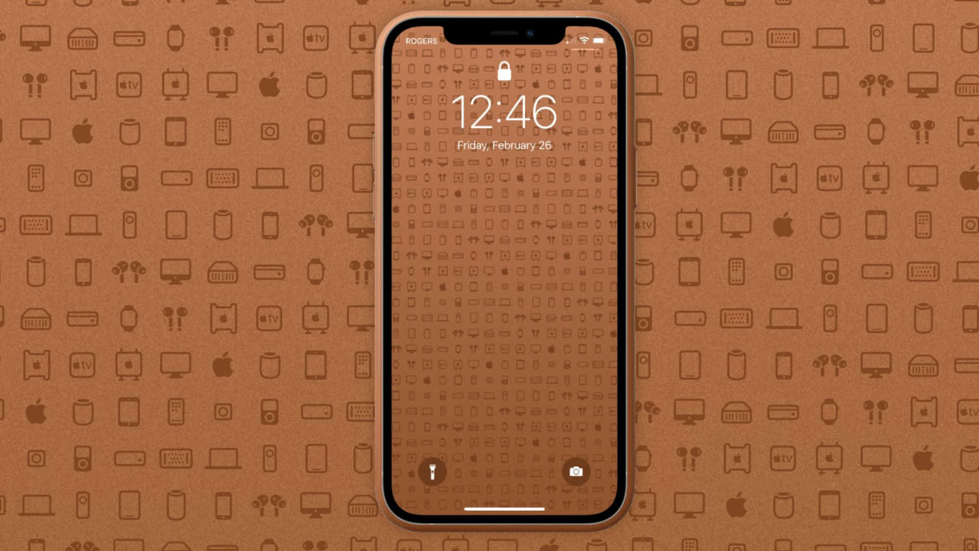 Brown Leather 桌布 壁紙 — iPhone 屏幕在棕色背景上顯示時間和日期，背景帶有科技圖標圖案。