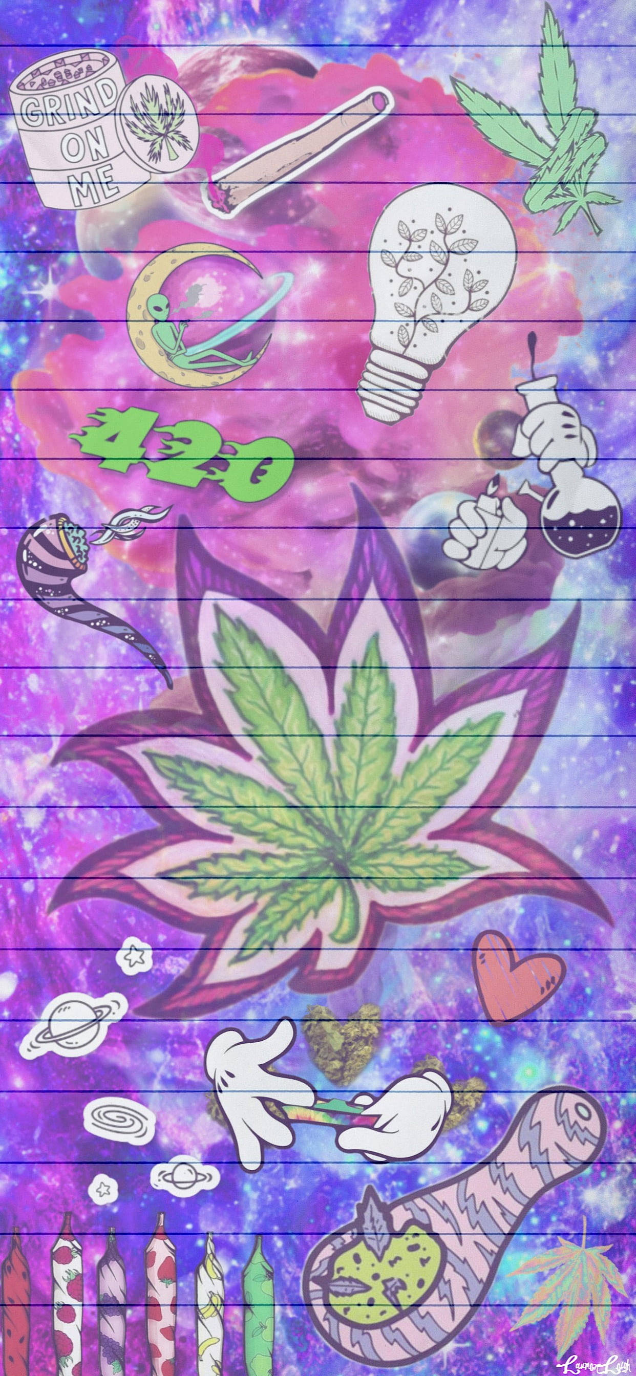 iPhone 屏幕專用繽紛藝術大麻葉壁紙 壁紙 — 一張迷幻宇宙風格牆紙，帶有大型綠色大麻葉、塗鴉和霓虹元素，背景為紫色星空。