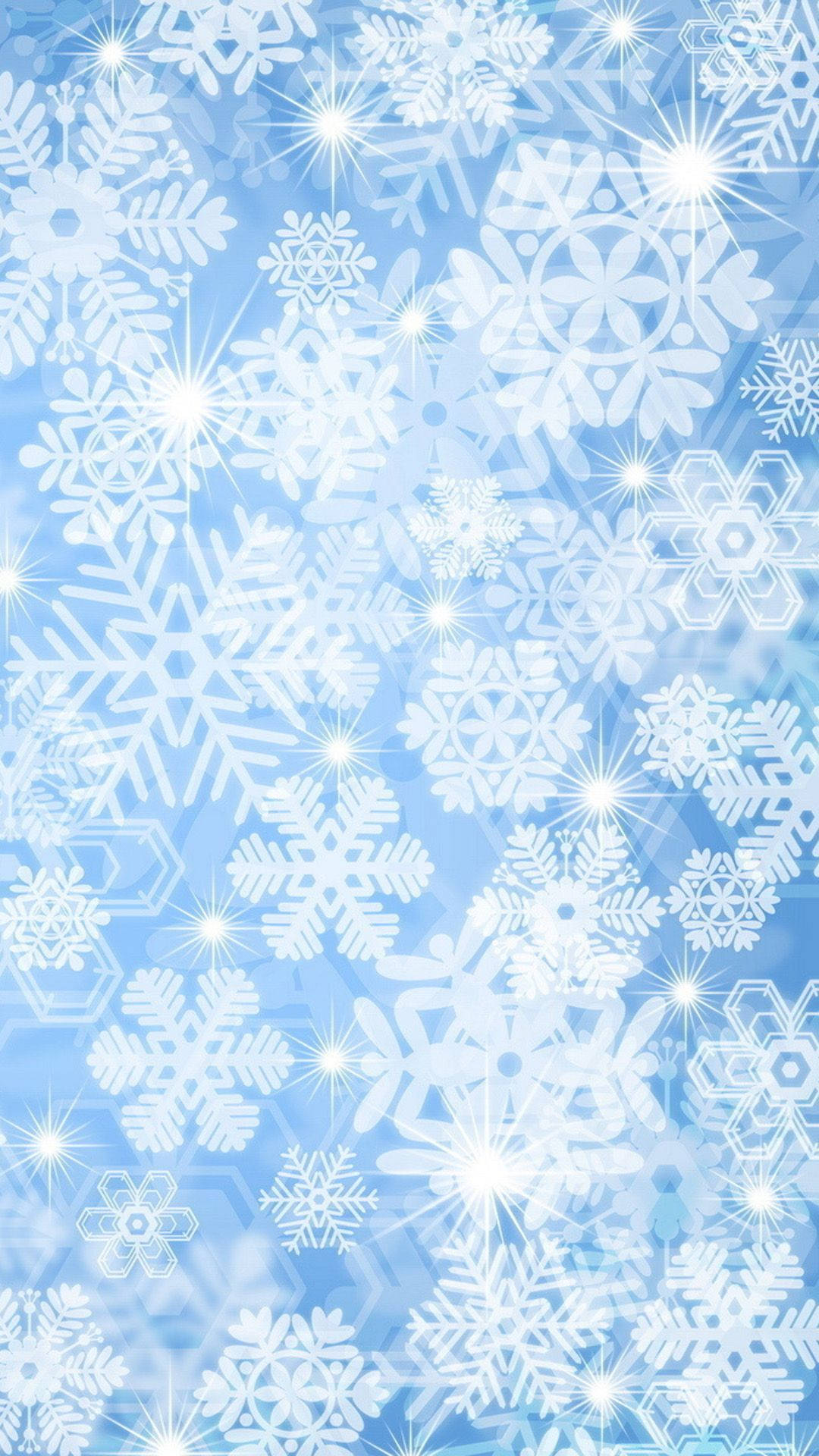 白色簡約雪花 iPhone 背景 壁紙 — 充滿各種複雜設計和星爆亮點的發光白色雪花的鮮豔藍色背景。