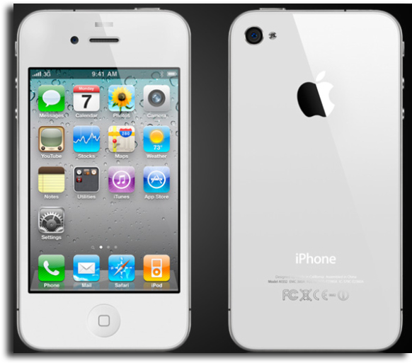 白色iPhone正面與背面視圖 壁紙 — 白色 iPhone 4S 的前後視圖，顯示主屏幕應用程式和亮面 Apple 標誌。