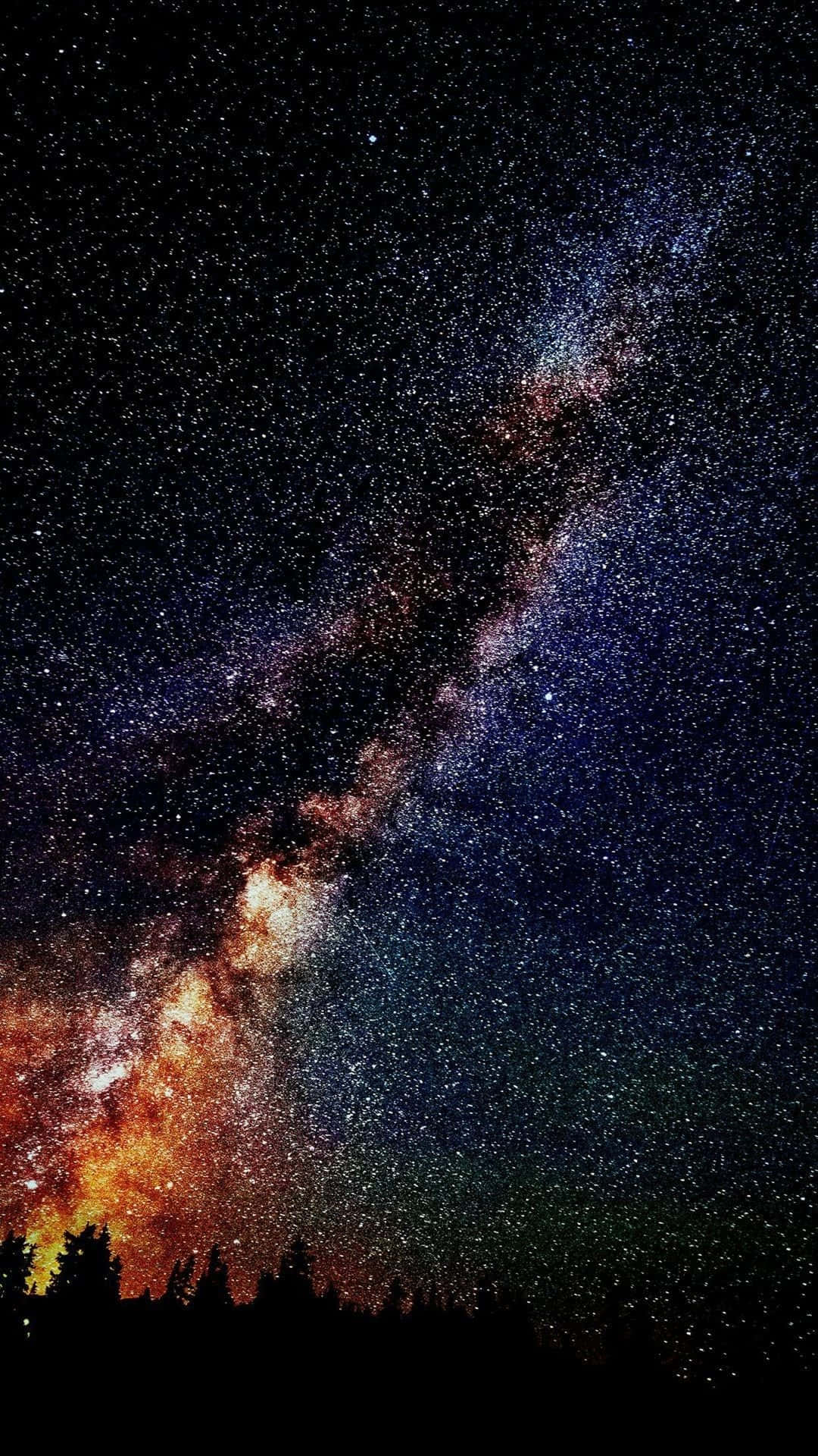 樹影映襯宇宙 iPhone 壁紙 — 令人嘆為觀止的銀河系景觀，在黑暗森林剪影上方閃爍著橙色和藍色色調。