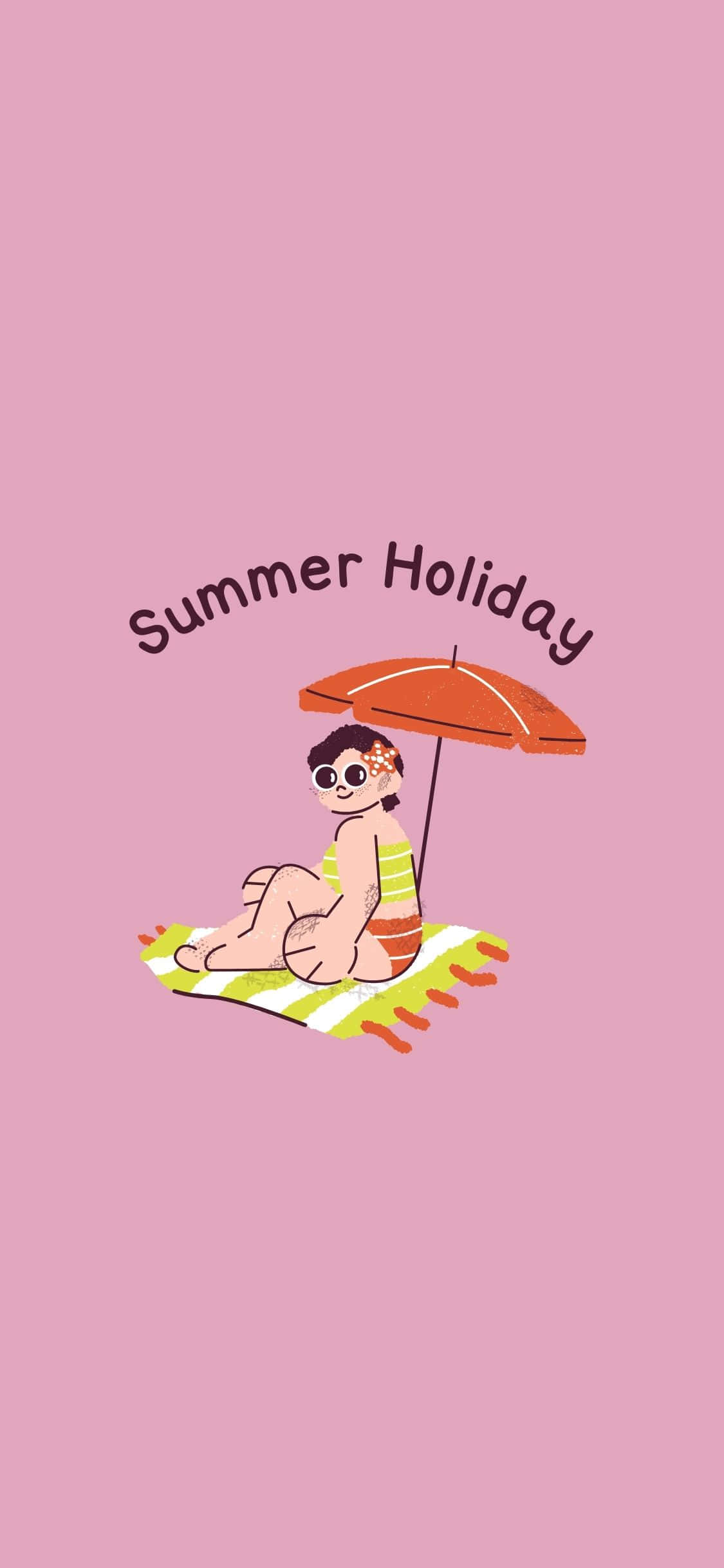 撐傘日光浴女孩 iPhone X 夏日背景 壁紙 — 一個卡通女孩穿著條紋泳衣，在粉紅色背景上帶有「Summer Holiday」文字，在橙色遮陽傘下的綠色毛巾上休息。