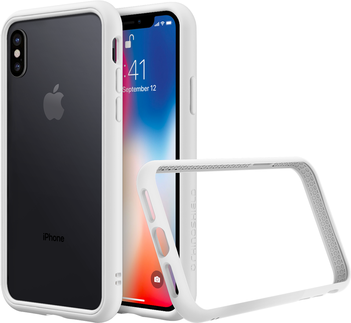 白色螢幕保護貼與白色防摔殼的 iPhone X 壁紙 — 白色保護殼從背面、正面和側面角度展示在帶有彩色鎖定屏幕的黑色iPhone Xs上。