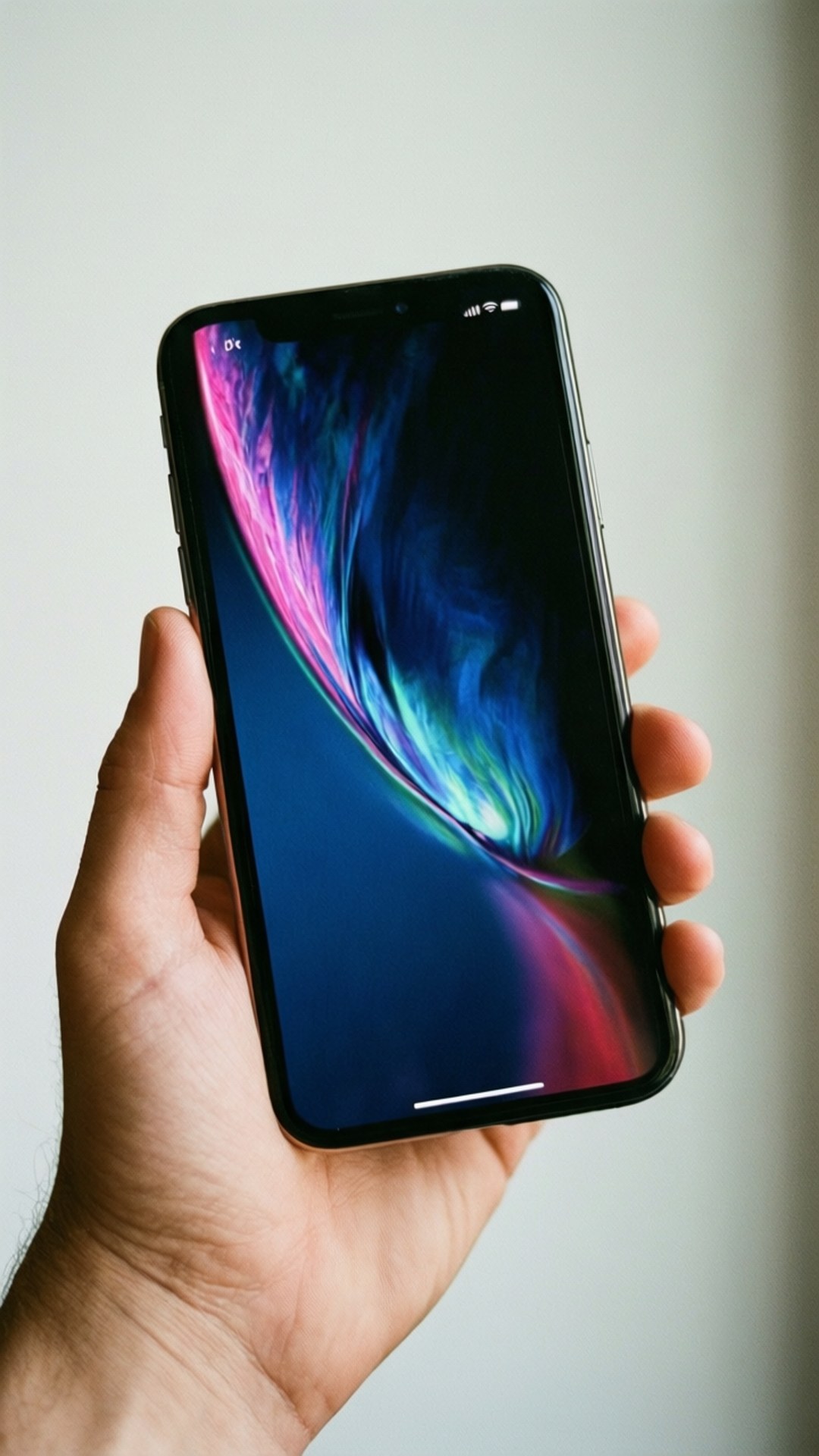 手持 iPhone X 壁紙 — 一隻手拿著一部黑色智能手機，屏幕上顯示一個充滿活力的藍色、粉紅色和紫色漩渦圖案牆紙，背景為純色淺色。