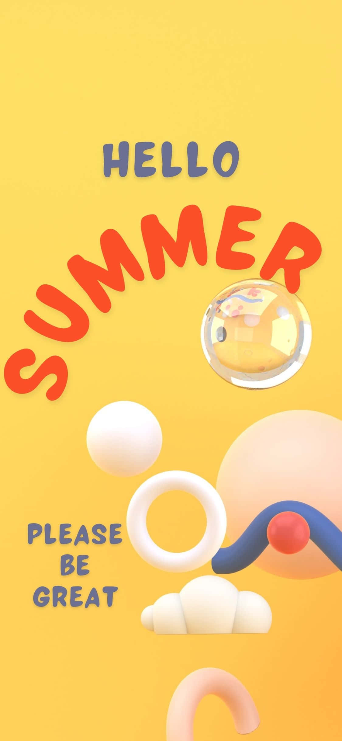 抽象圖形 iPhone X 夏日背景 壁紙 — 充滿活力的黃色背景，帶有粗體紅色「SUMMER」文字和有趣的3D形狀，包括氣泡和雲朵。