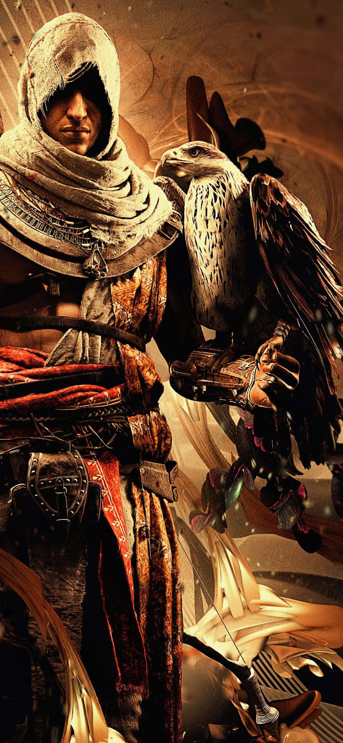揀你嘅命運，用 iPhone X Assassin's Creed Origins 嘅 wallpaper 帶領兄弟會。 壁紙 — 一名戴著兜帽的刺客站著，一隻受過訓練的鷹棲息在他的手臂上，背景是溫暖的金色。
