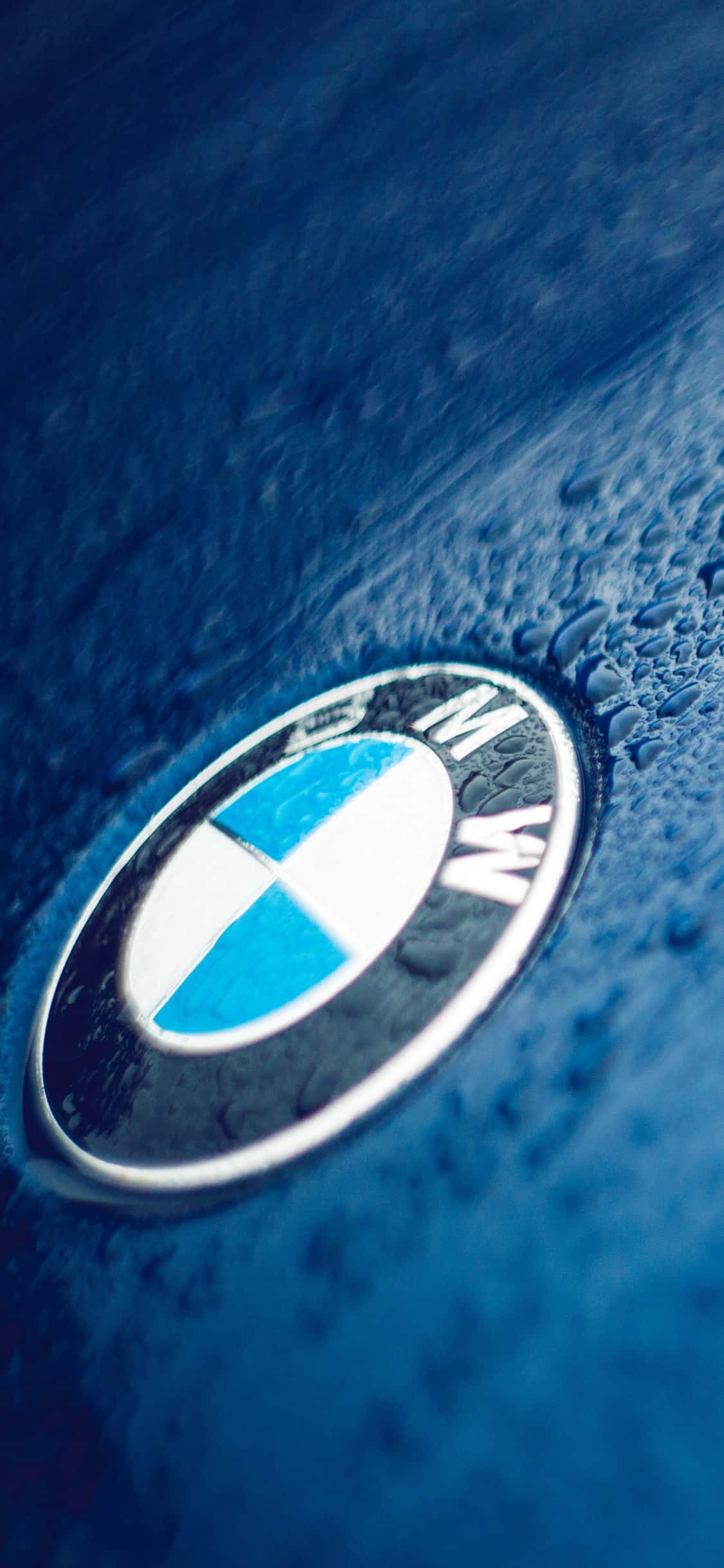 行政級奢華 — iPhone X 與 BMW 壁紙 — BMW 標誌特寫，位於濕潤的藍色車身表面，水滴在柔和光線下閃爍。