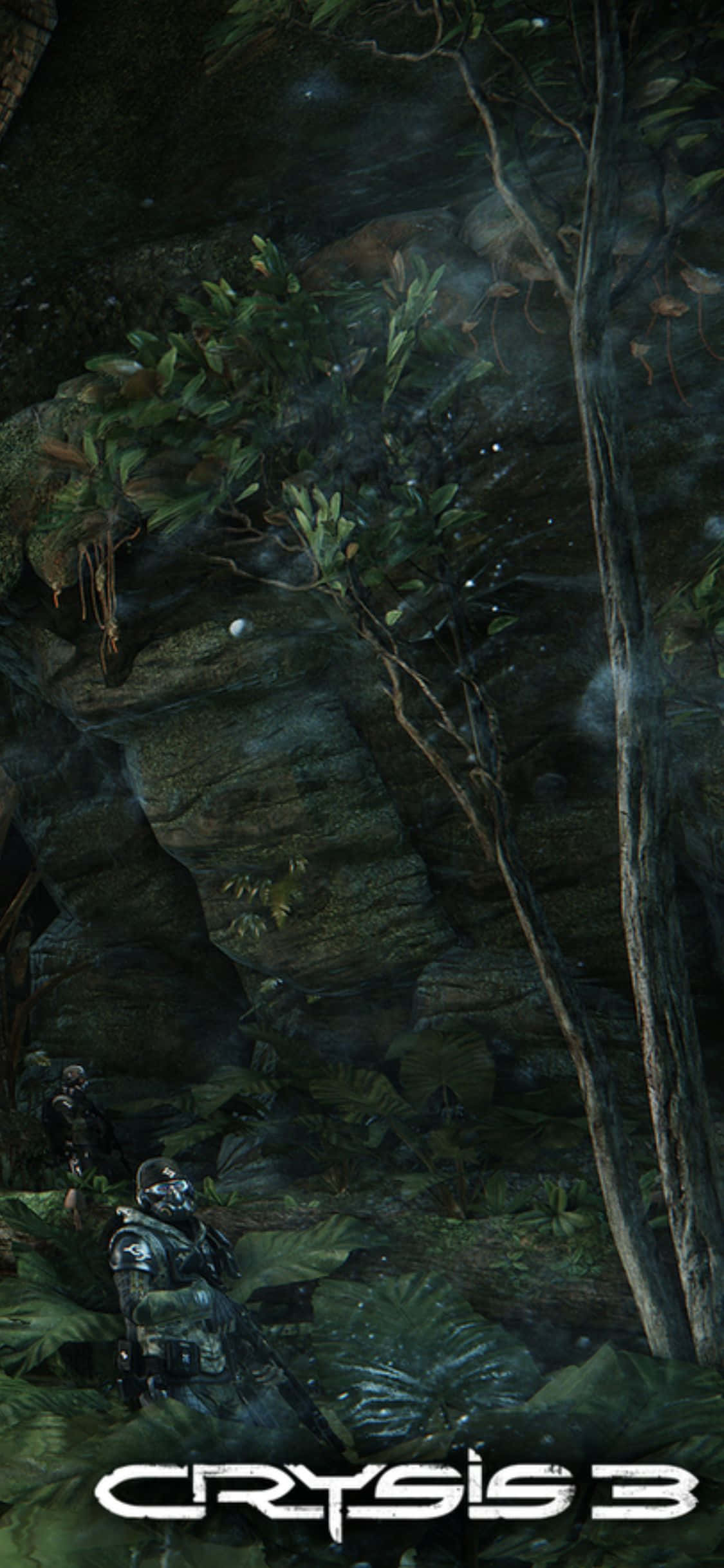 iPhone X Crysis 3 綠色森林背景 壁紙 — 一名身穿迷彩裝備的士兵在霧氣瀰漫的叢林空地中蹲下，周圍是茂密的樹葉和高大的樹木，光線昏暗。