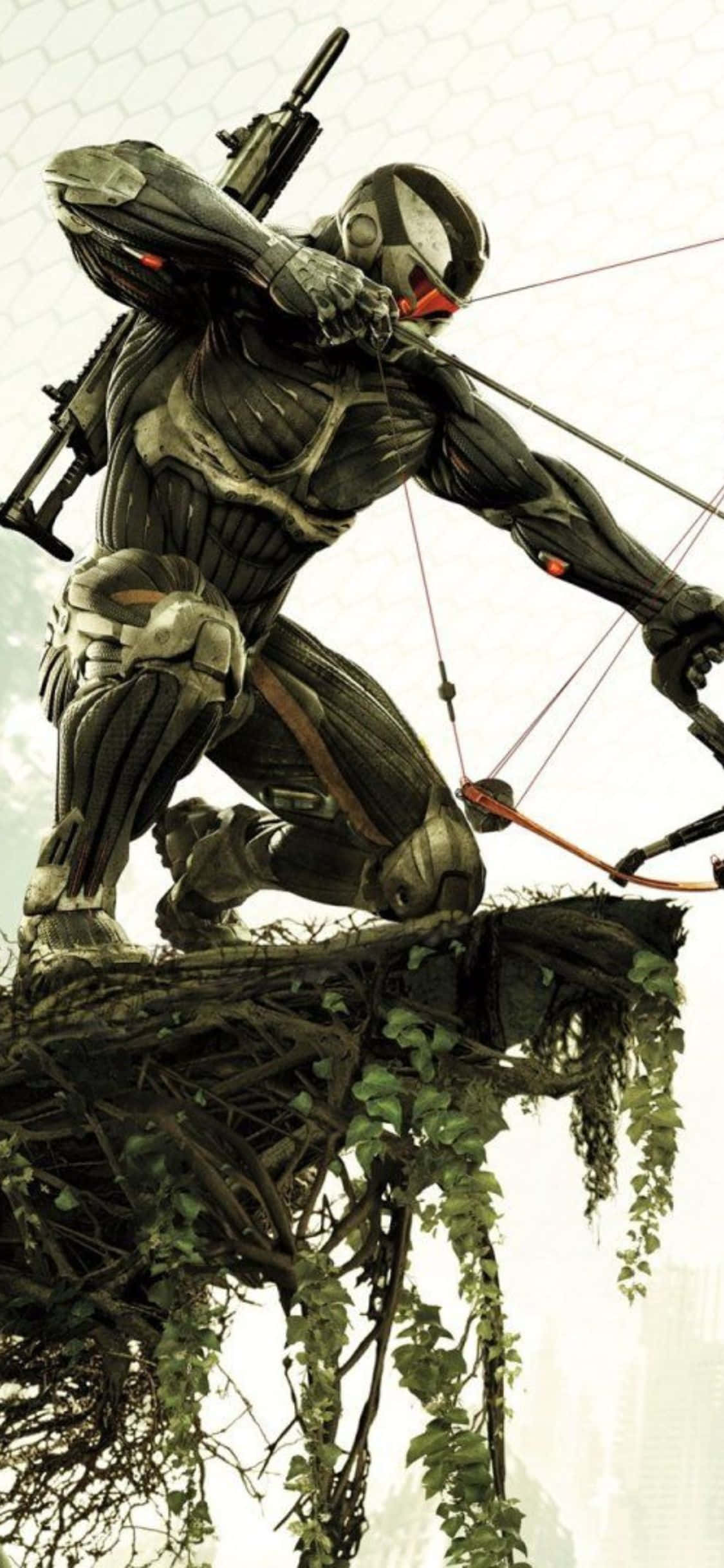 iPhone X Crysis 3 自由女神像弓箭背景 壁紙 — 一個身穿暗色盔甲的生化戰士蹲在藤蔓覆蓋的岩架上，瞄準一把帶有發光紅色裝飾的弓。