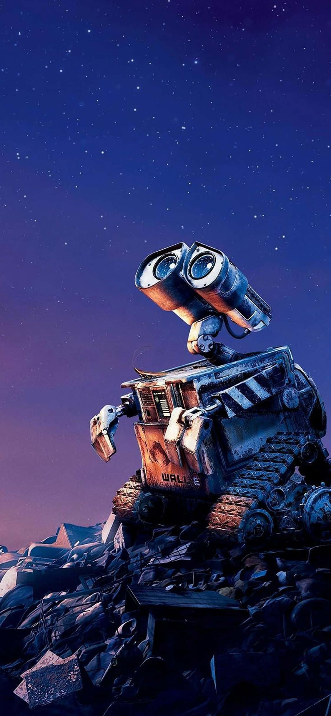 iPhone X 迪士尼背景 - 壁虎 壁紙 — Wall-E 站在一堆垃圾上，背景是帶有紫色和藍色漸變的星空暮色天空。